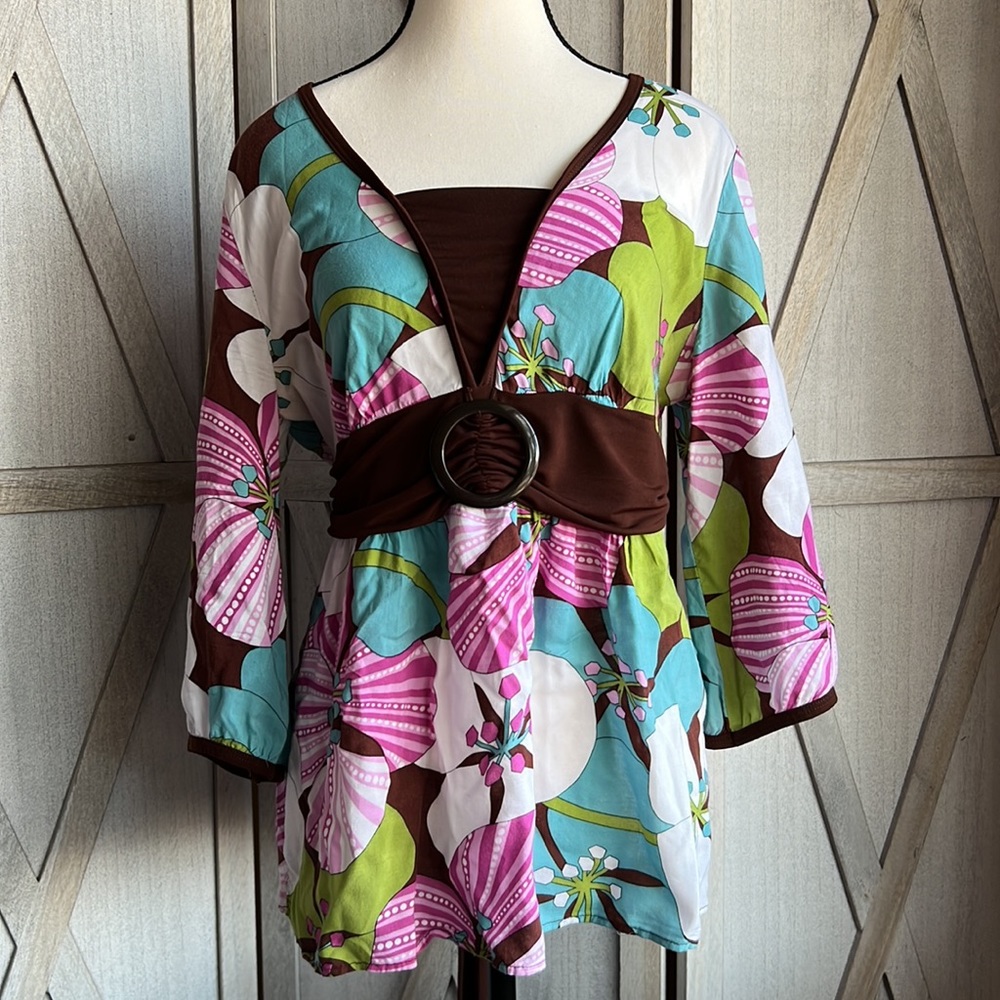 Dress Barn 3/4 sleeve, retro tunic, floral print blouse. multicolor- sz lg